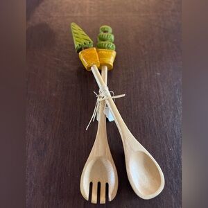 Handpainted Wooden Salad Servers with Green & Yellow Accents